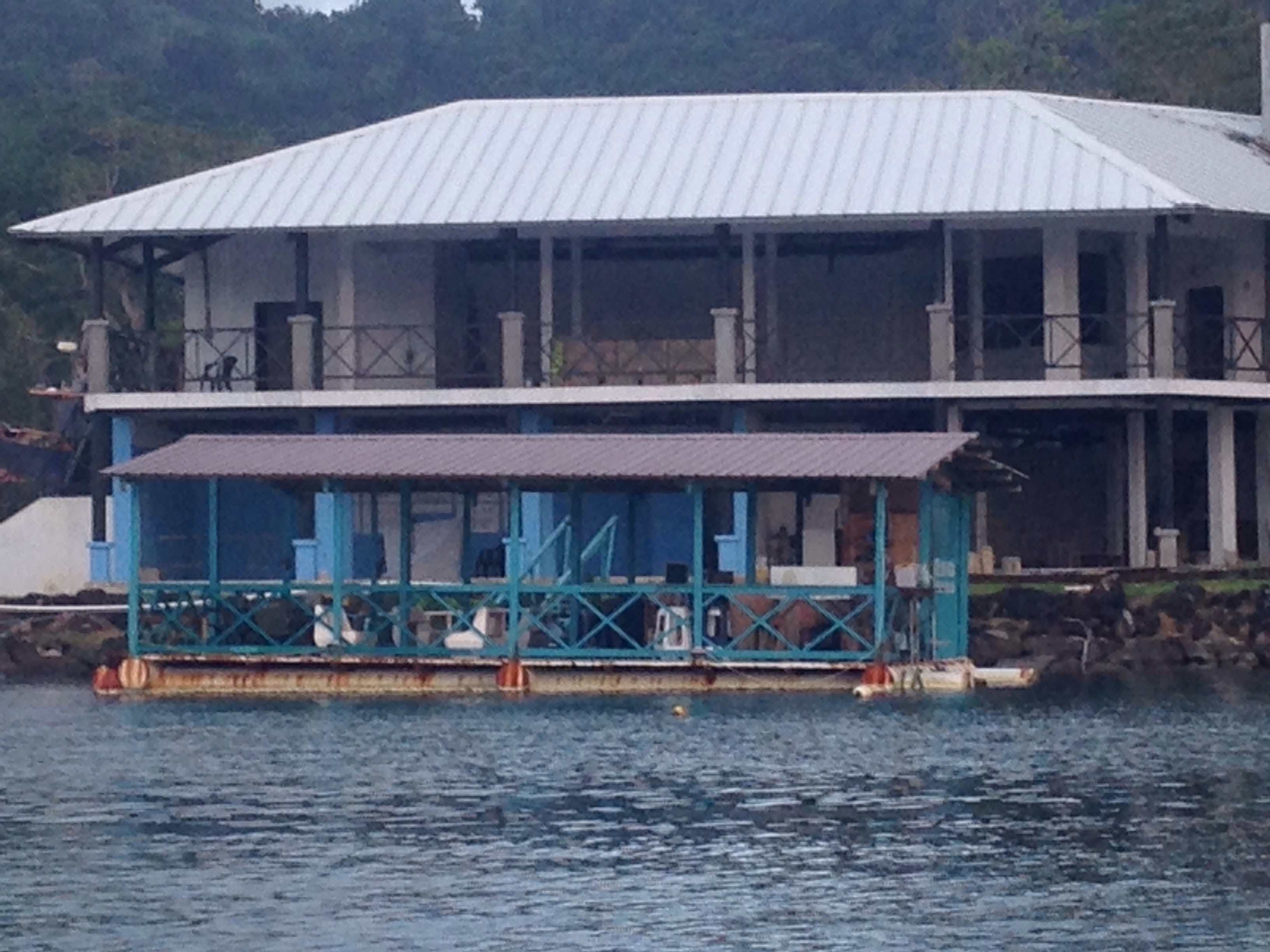 Linton Bay Bar in front and marina office that ran out of money mid-construction.