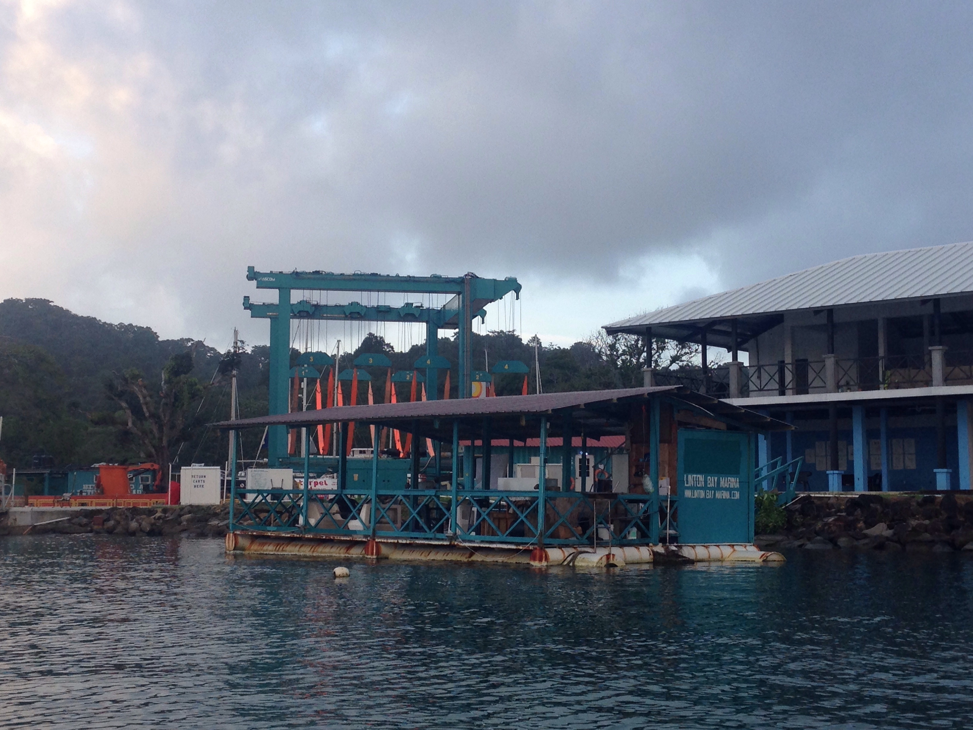 Linton Bay Marina with haul out equipment in background with orange straps.