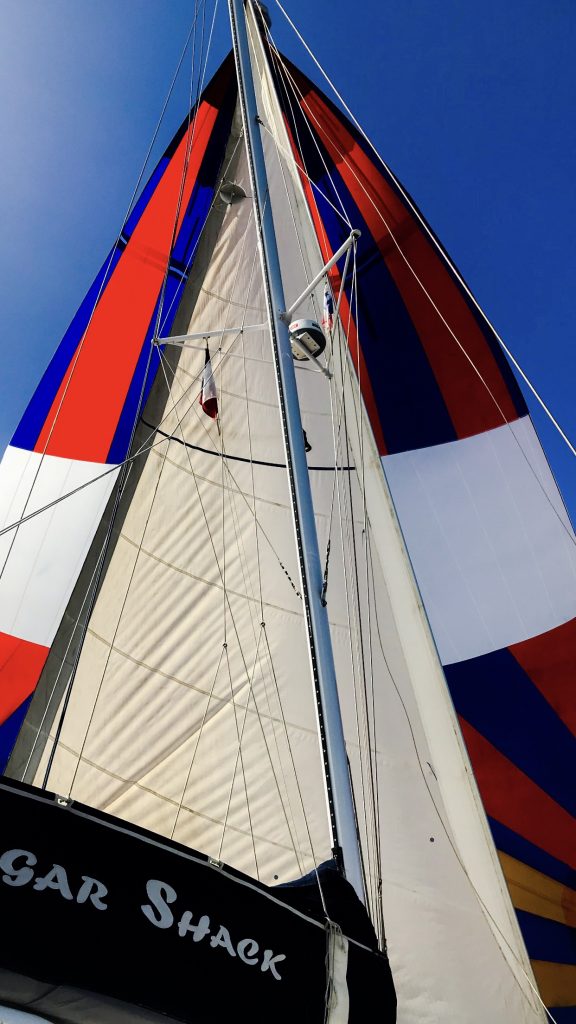 Flying the jib as we hoisted the small spinnaker.