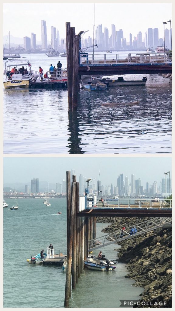 Las Brisas dinghy dock during high tide and low tide.